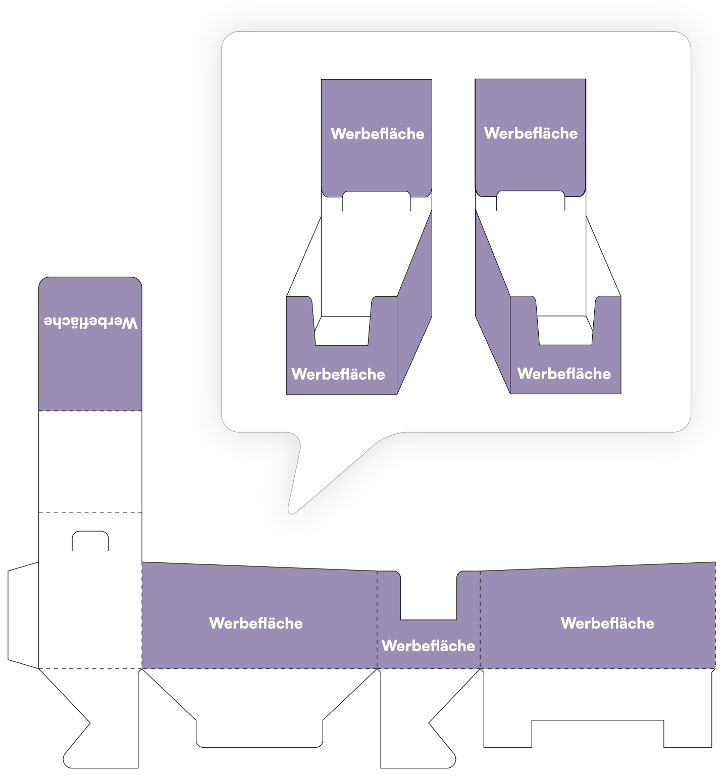 Dispenser Stanzbogen mit markierten Werbeflächen und aufgebautem Dispenser